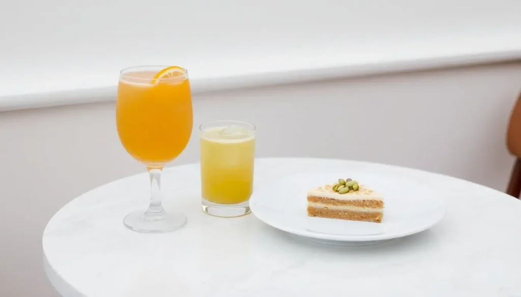 Café table with a citrus drink and pistachio dessert in a minimalist setting