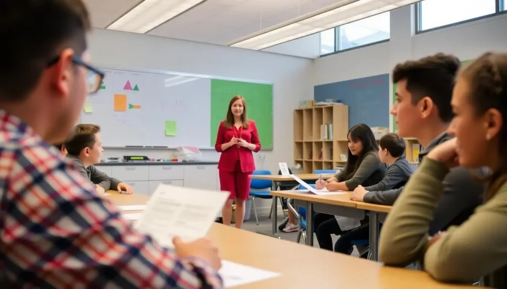Teacher leading a safety-focused session in a bright classroom with students