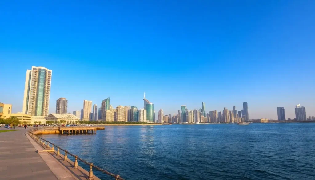 Sharjah waterfront promenade with modern skyline under clear blue sky