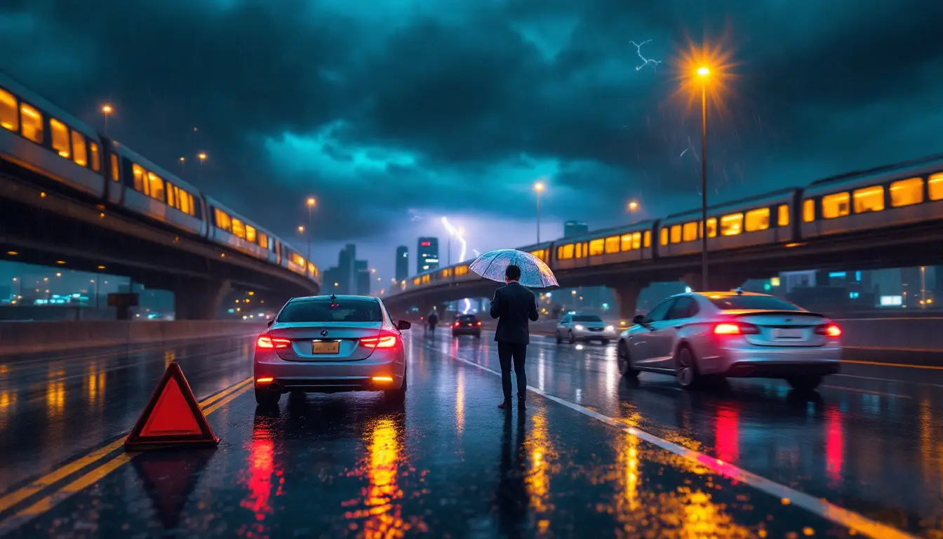Night rain and hail on a Dubai roadway with reflections, a passing Metro train on an elevated track, a stopped car with hazard triangle, and forked lightning in dramatic clouds.