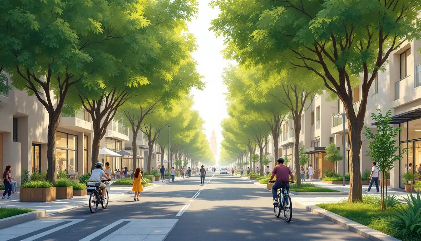 The Future of Dubai Neighbourhoods: How Dubai 2040 Plans Will Change Community Life shown as a people-first 20-minute city scene with shaded walkways, cycling lane, tram stop, green corridor, and mixed-use street life