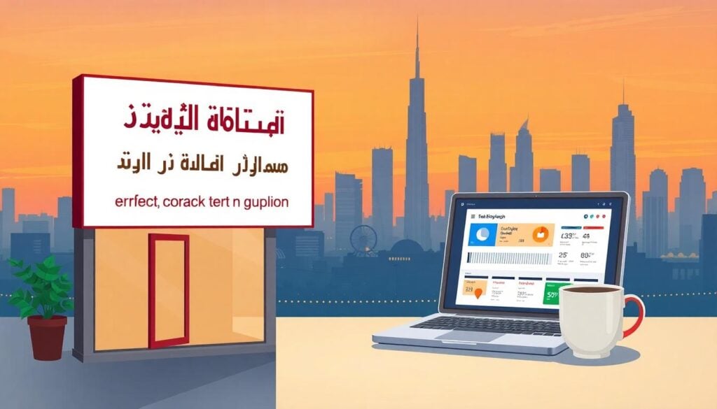 Dubai skyline at sunset, small shop sign and laptop dashboard, illustrating fixing wrong Google AI Overview for UAE businesses.