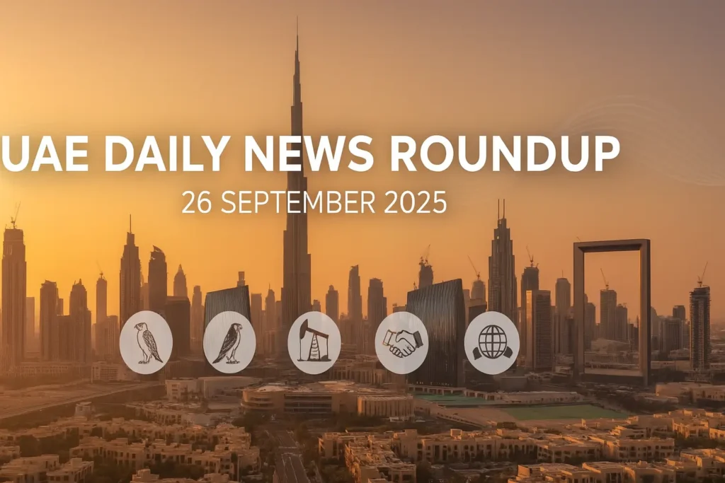 UAE Daily News Roundup 26th September 2025 featured image showing Dubai skyline at sunset with Burj Khalifa and icons for economy, travel, business, and world news