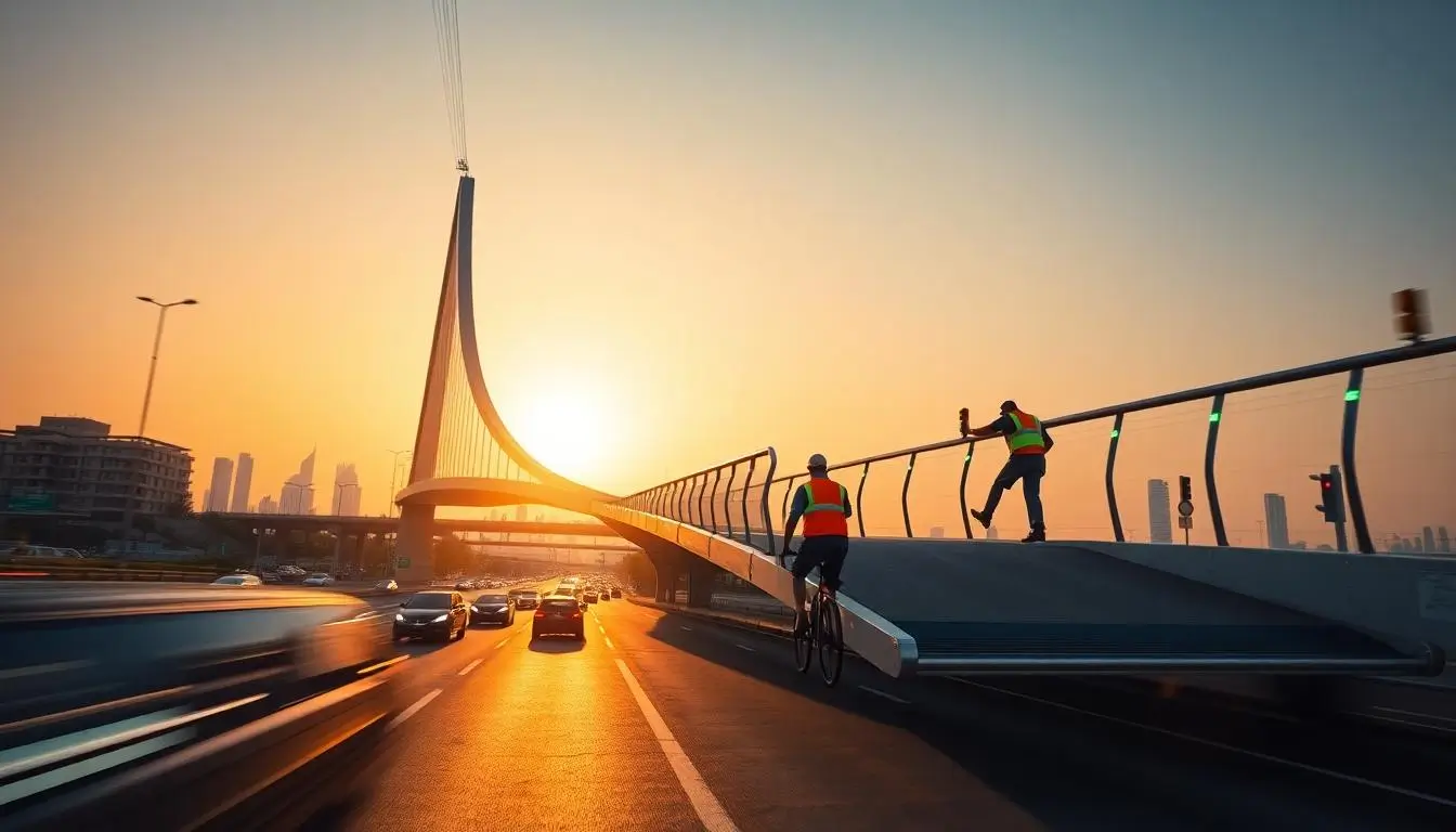 UAE Daily News Roundup 14th September featured image showing a low-angle view of a Dubai pedestrian skybridge under construction at golden hour with workers and a cyclist, highlighting citywide safety upgrades