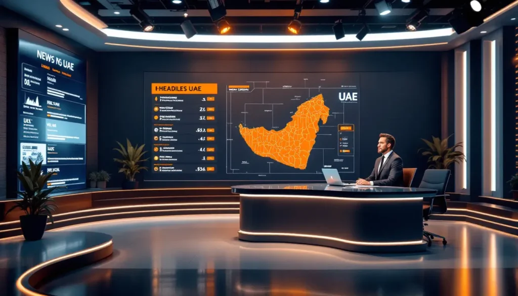 UAE Daily News Roundup 18th September featuring a modern newsroom with a UAE map, headline boards, and an anchor at a desk
