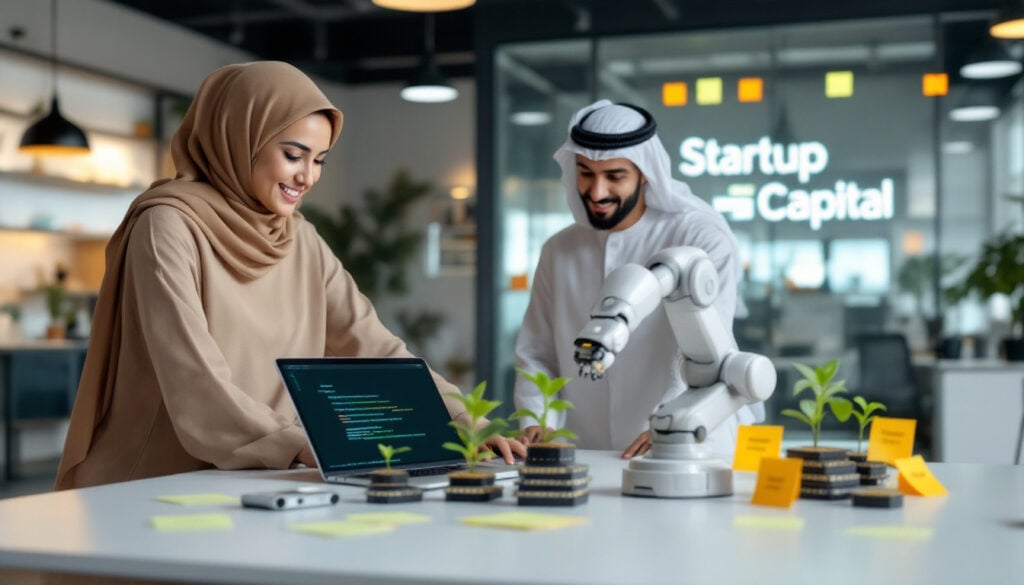 UAE Daily News Roundup 22nd September 2025 featured image of Emirati founders in an innovation hub assembling a startup kit with a robotic arm, fintech reader, and seedlings growing from chips to represent the Startup Capital campaign