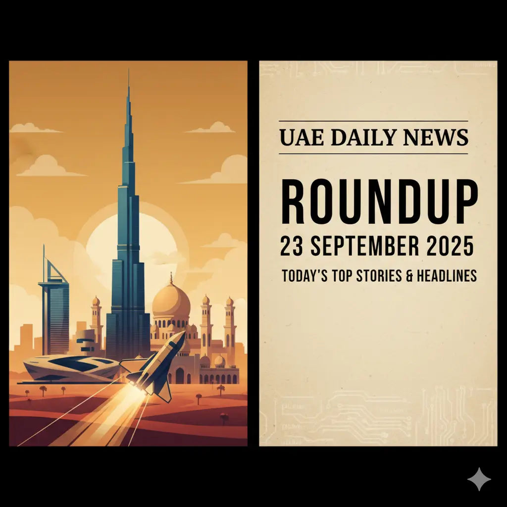 UAE Daily News Roundup 23 September 2025 graphic with Dubai skyline and headline text