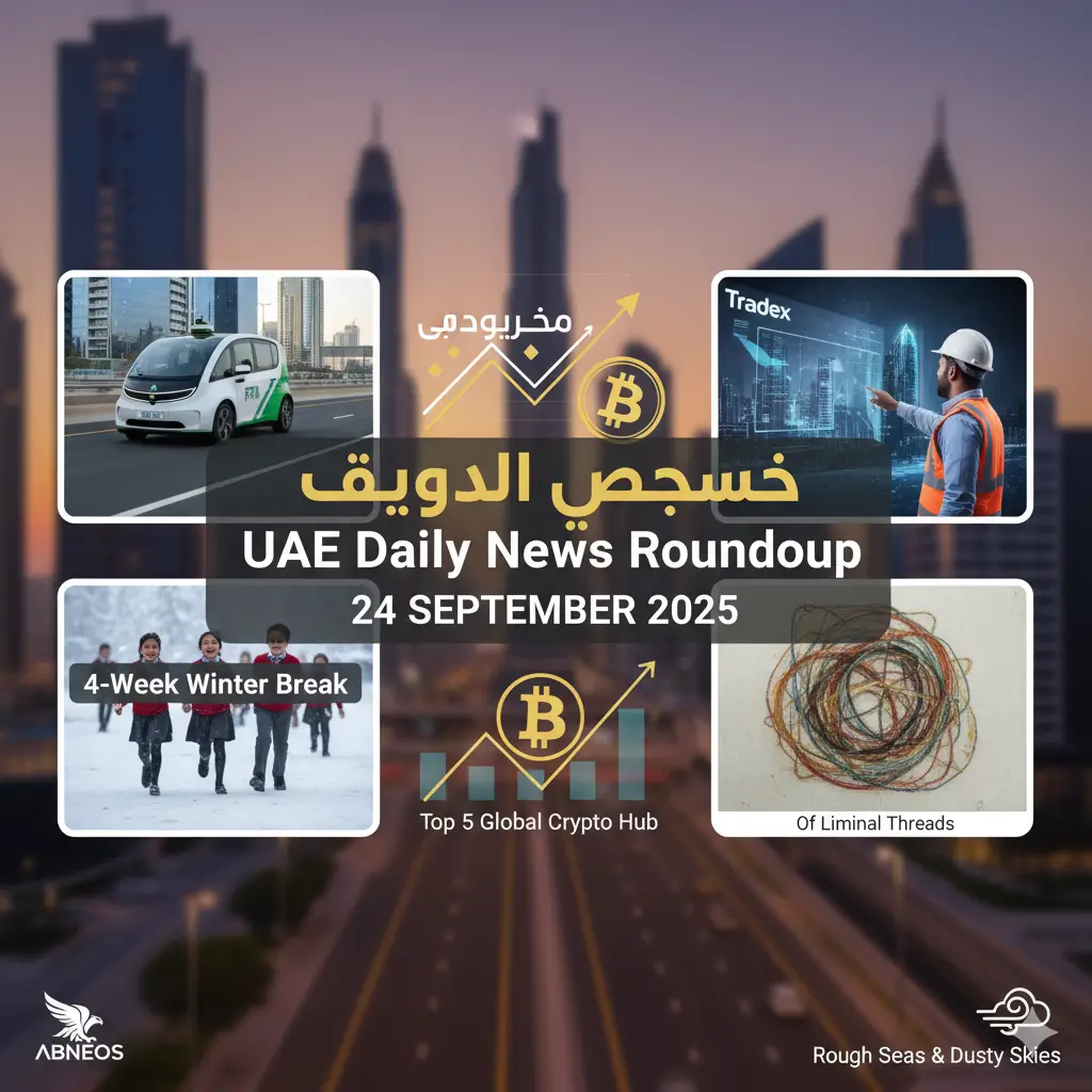 UAE Daily News Roundup 24th September 2025 featured image showing Dubai skyline with tiles for robotaxis on city roads, Tradex digital platform, UAE top 5 global crypto hub graphic, four‑week winter break for schools, weather note of rough seas and dusty skies, and Tashkeel art exhibition