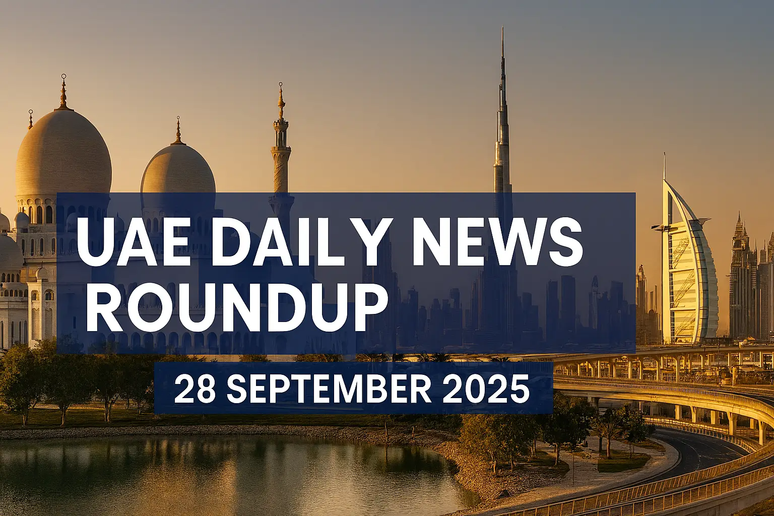 UAE Daily News Roundup 28th September 2025 featured image showing Dubai skyline with Burj Khalifa, Burj Al Arab, and Sheikh Zayed Grand Mosque at sunrise