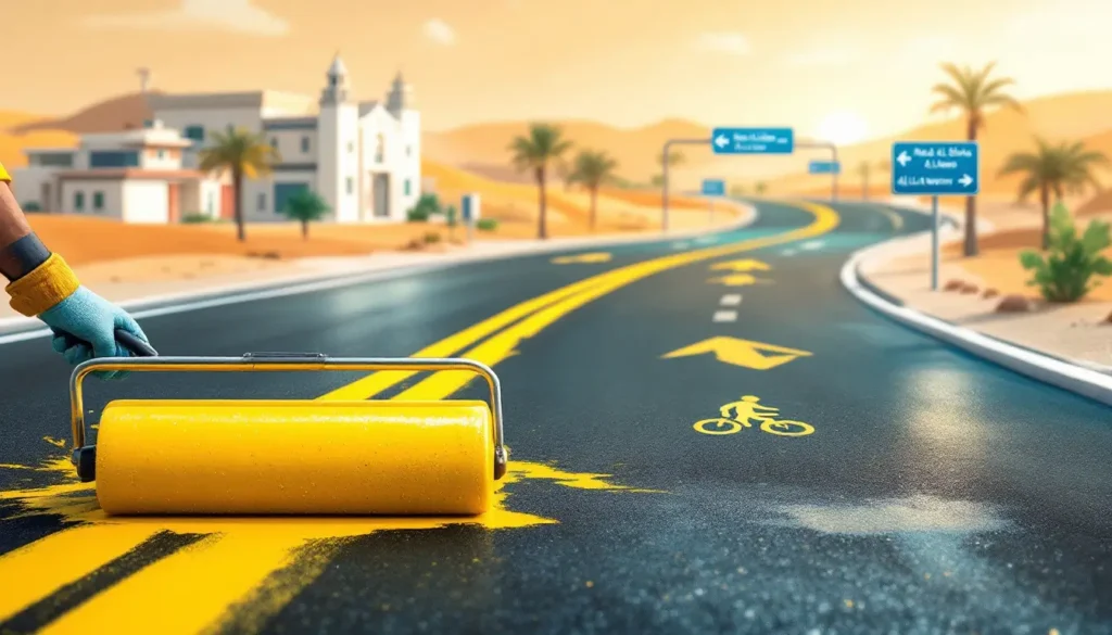 UAE Daily News Roundup 7th September featured image showing a close-up road-marking roller painting fresh lane lines, with a neighborhood scene of villas, school, mosque, bus stop, bike lane, and road signs for Nad Al Sheba, Al Warqa, Al Awir, and Jebel Ali Industrial at sunrise