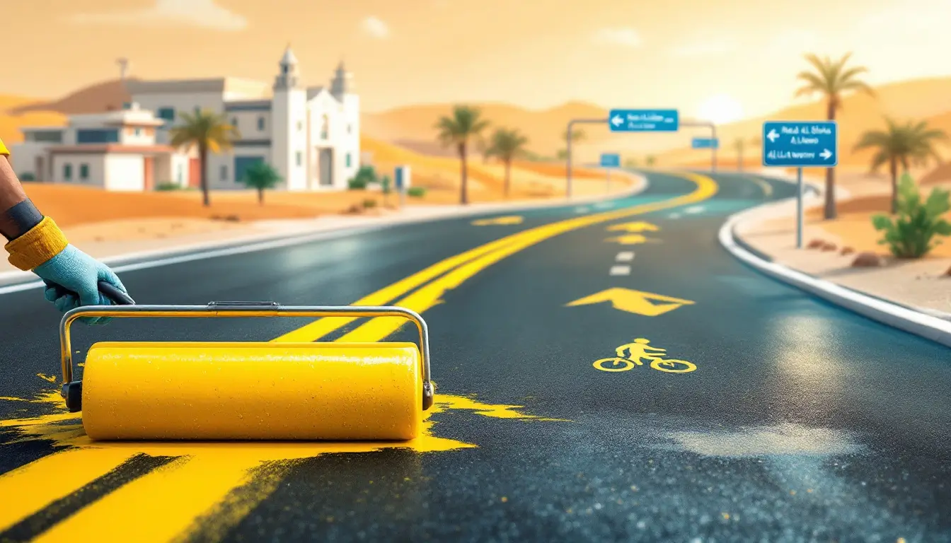 UAE Daily News Roundup 7th September featured image showing a close-up road-marking roller painting fresh lane lines, with a neighborhood scene of villas, school, mosque, bus stop, bike lane, and road signs for Nad Al Sheba, Al Warqa, Al Awir, and Jebel Ali Industrial at sunrise