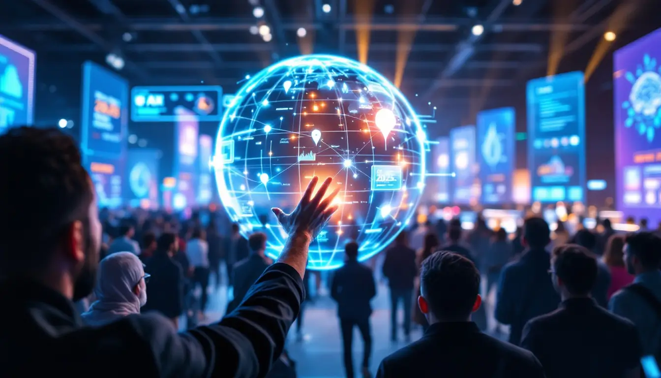 UAE Daily News Roundup 8th September featured image showing a futuristic tech summit scene with attendees interacting with holographic interfaces and a glowing world map converging on Dubai