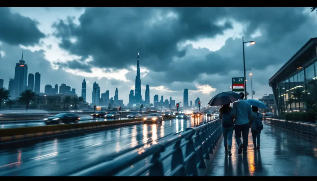 Dubai skyline with rainy clouds and reflections on Sheikh Zayed Road, Burj Khalifa in view, symbolizing UAE news, weather alerts, and travel updates on September 5, 2025