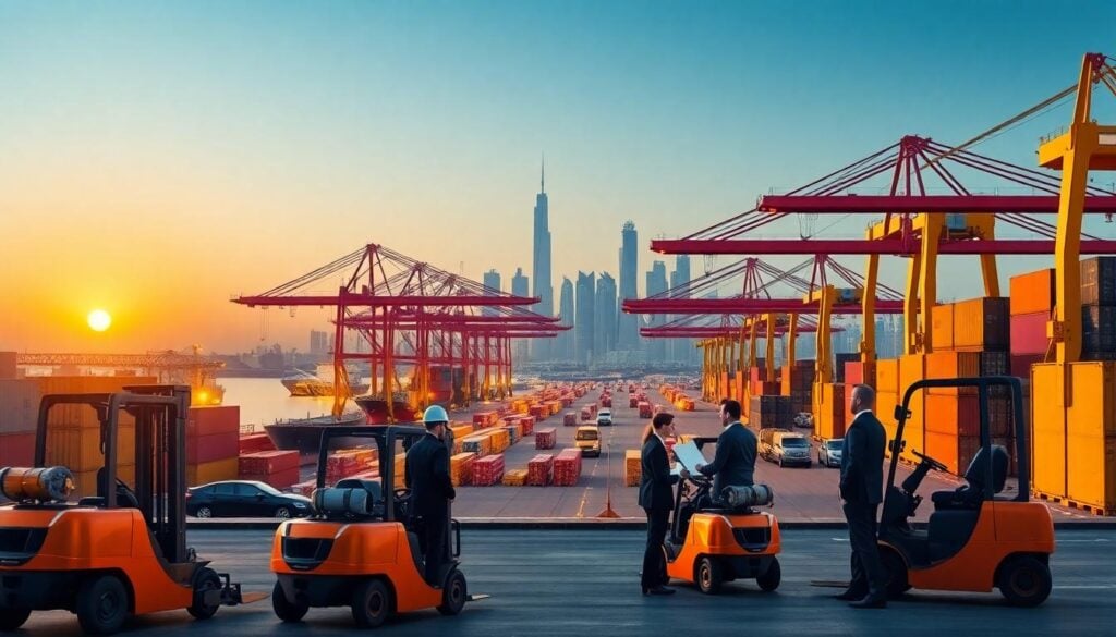uae trade logistics hub dawn dubai skyline