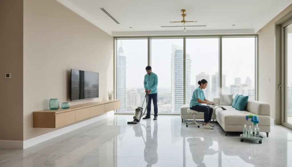 Professional cleaning team in a sunlit Dubai apartment with floor-to-ceiling windows, using eco-friendly tools to vacuum glossy floors and steam-clean a sofa, neutral decor with teal and modern blue accents.