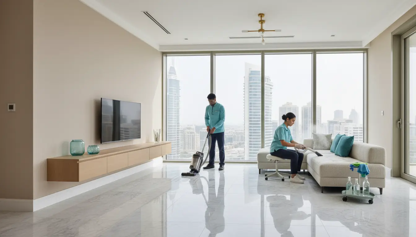 Professional cleaning team in a sunlit Dubai apartment with floor-to-ceiling windows, using eco-friendly tools to vacuum glossy floors and steam-clean a sofa, neutral decor with teal and modern blue accents.