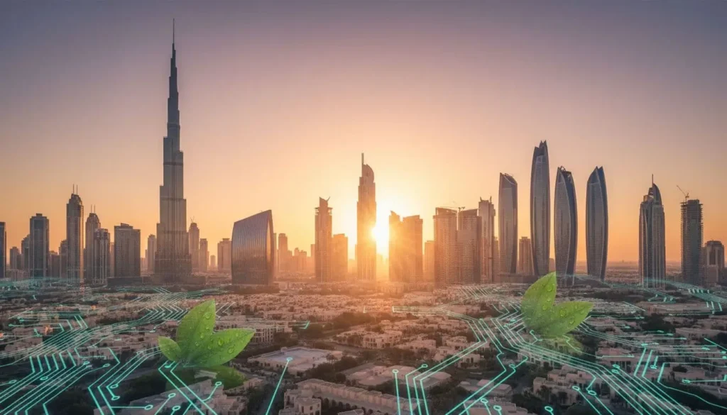 dubai abu dhabi skyline golden hour ai sustainability