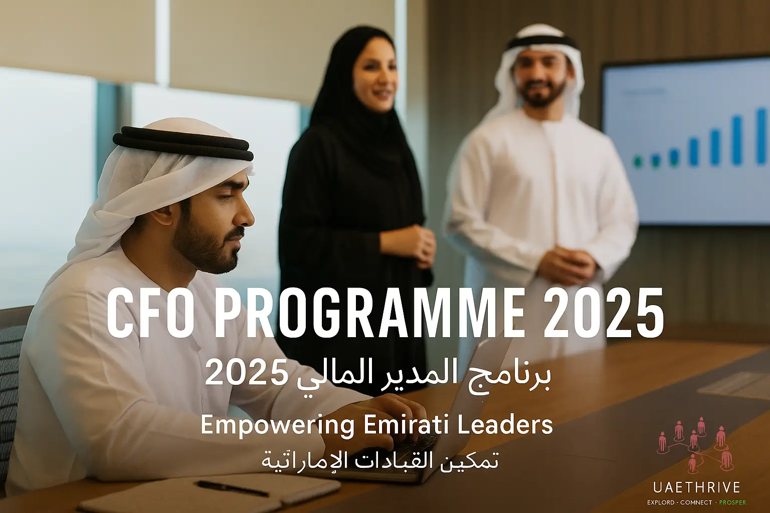 Emirati professionals during financial leadership training in Dubai – UAEThrive bilingual image | الإماراتيون في تدريب القيادة المالية في دبي