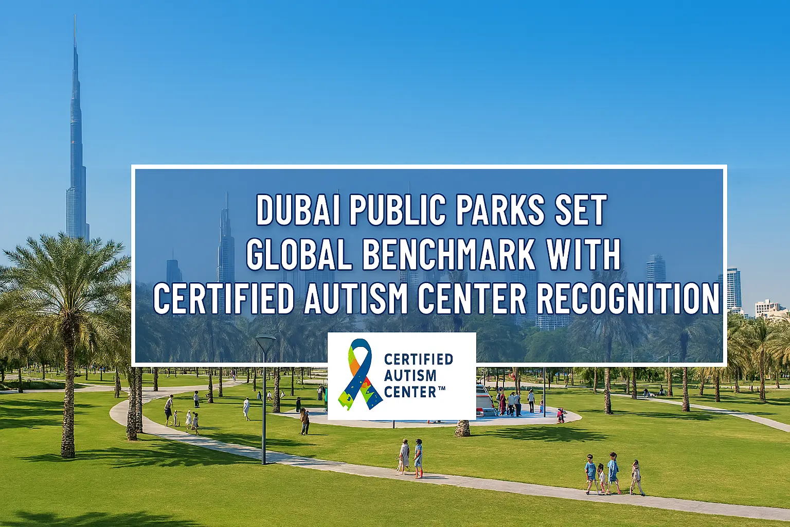 Dubai public park with Burj Khalifa in background, people walking, and Certified Autism Center banner