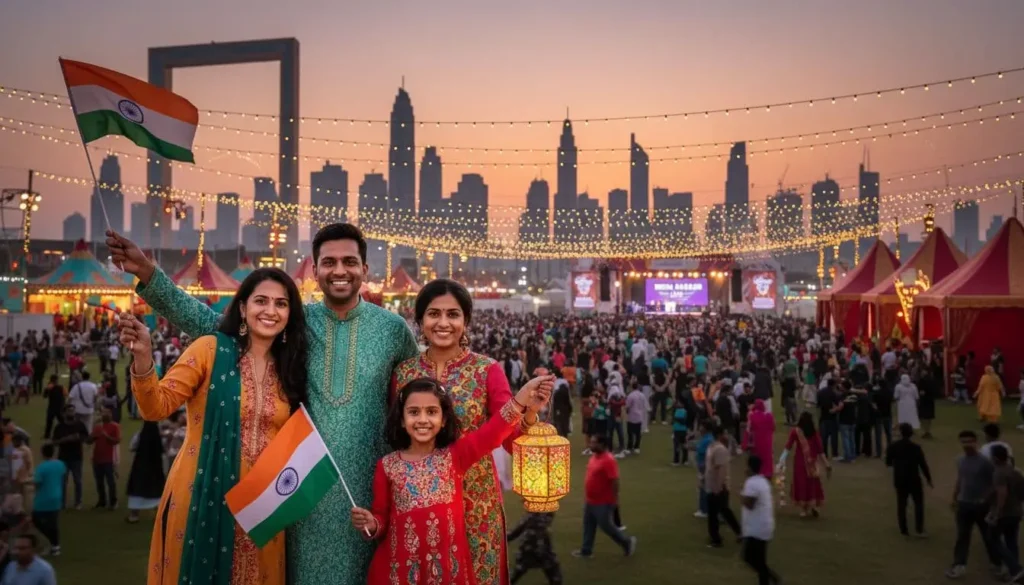 Indian family with UAE and India flags enjoying Emirates Loves India festival at Zabeel Park Dubai sunset, stage and skyline behind