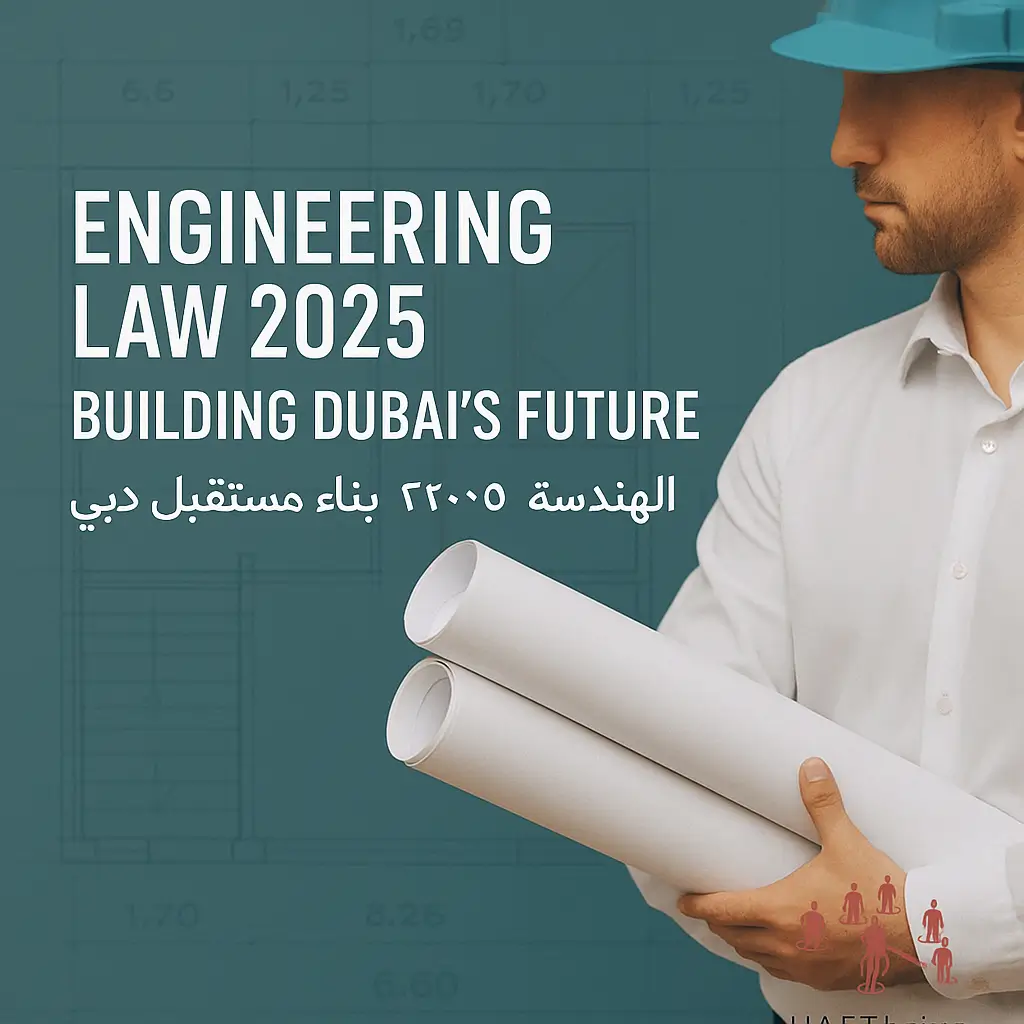 Emirati engineer holding rolled plans – Engineering Law 2025 | قانون الهندسة ٢٠٢٥ • بناء مستقبل دبي