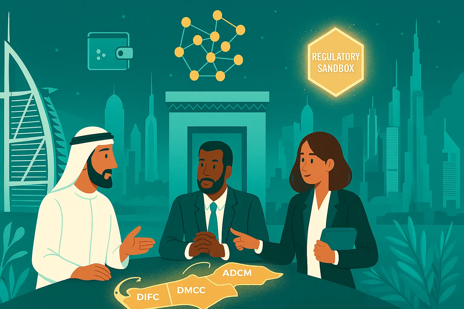A diverse group of entrepreneurs discussing fintech opportunities in Dubai free zones, with a holographic map highlighting DIFC, DMCC, and ADGM, and a regulatory sandbox symbol.