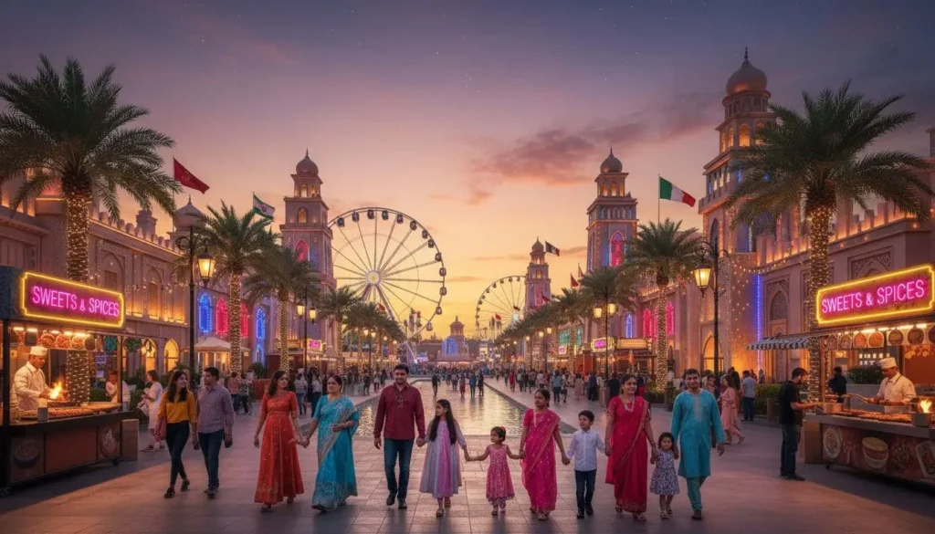 Families walking past colourful pavilions at Global Village Dubai during Season 30 opening night