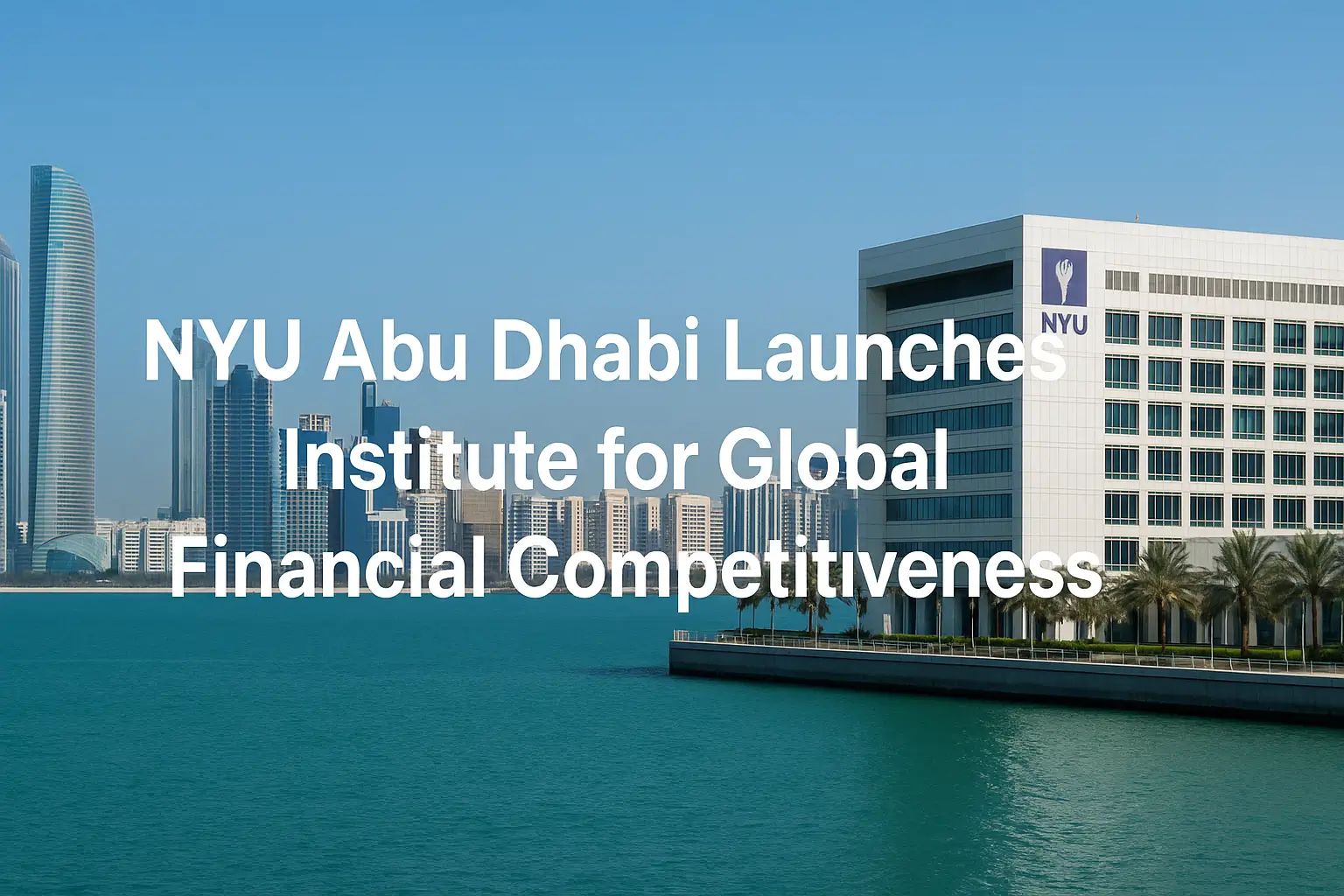 NYU Abu Dhabi campus with Abu Dhabi skyline and waterfront, highlighting the launch of the Institute for Global Financial Competitiveness.
