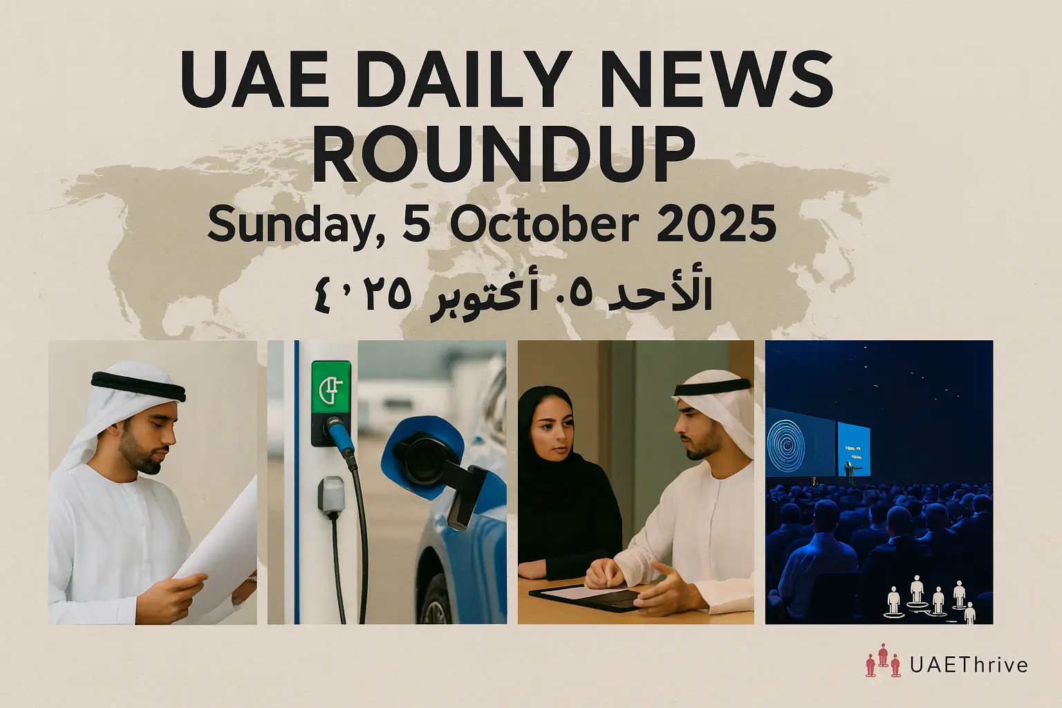 UAEThrive Daily News Roundup 5 October 2025 — collage showing Emirati engineer, professionals in meeting, EV charging station, and entrepreneurship event. ملخص أخبار الإمارات اليومية