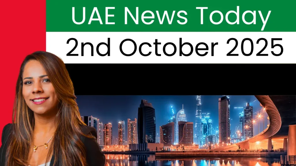 UAE Daily News Roundup 2nd October 2025 featured image with UAE flag colours, headline text, presenter portrait, and Dubai skyline at night