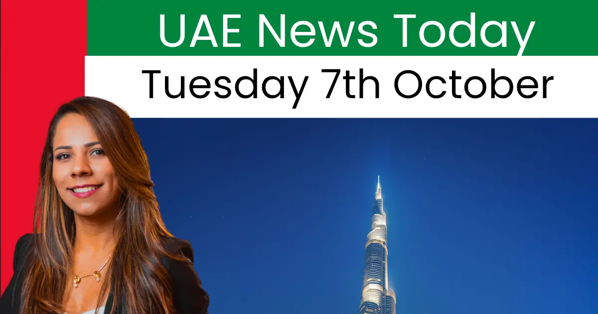 UAE News Today – Tuesday 7 October 2025; presenter with Burj Khalifa night skyline and UAE flag banner; daily UAE headlines by UAEThrive.com