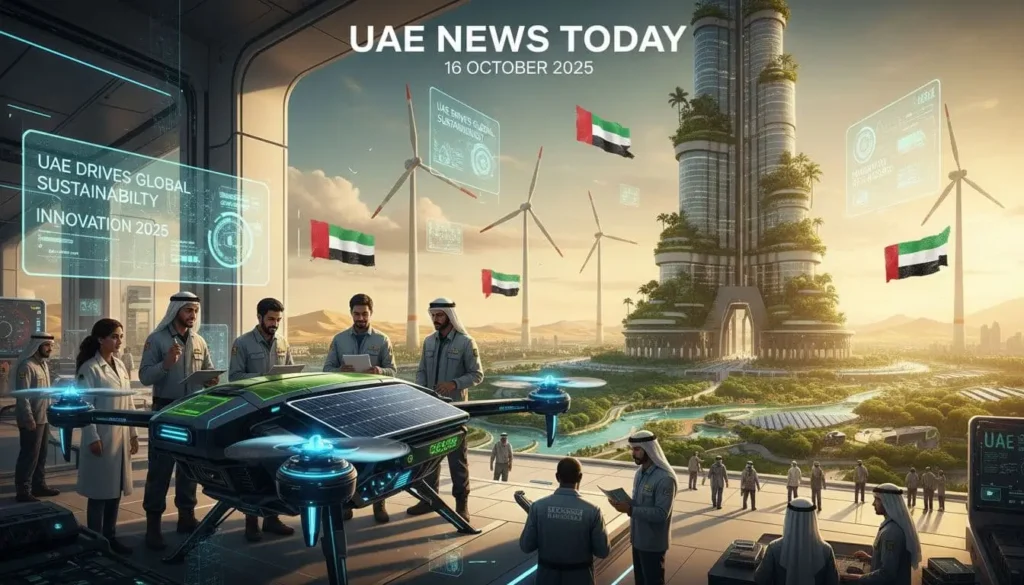 Dubai skyline at golden hour with AI and sustainability graphics overlay, symbolising UAE’s 16 Oct 2025 push for green innovation