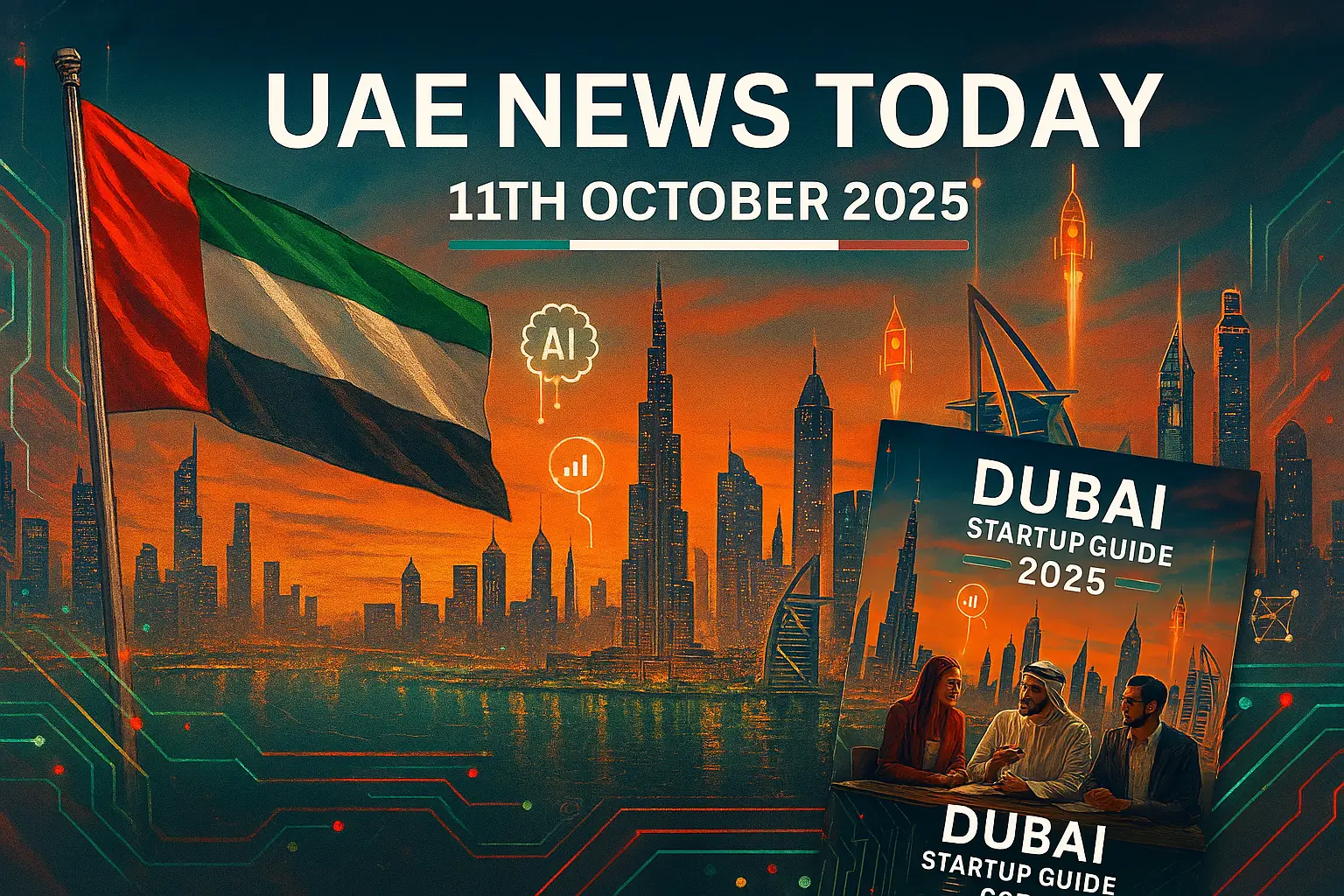 UAE News Today featured image: Dubai skyline with UAE flag, rocket launch, and Dubai Startup Guide 2025 cover.
