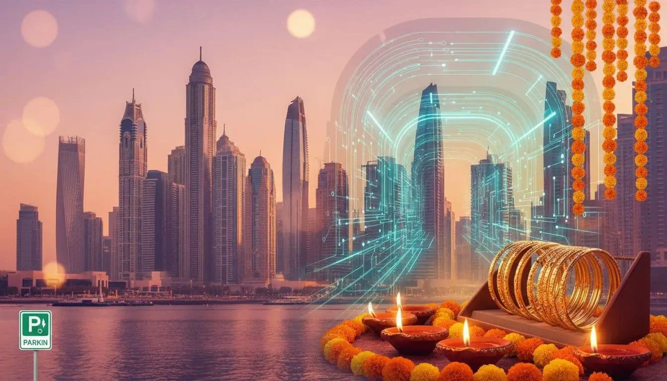 Skyline of Dubai at sunset with Diwali lanterns in the foreground, a gold bangle display, and a subtle police tech tunnel graphic to represent the day’s top stories