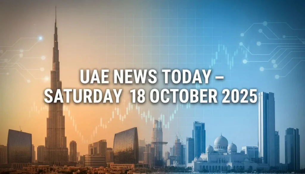 Dubai and Abu Dhabi skylines at golden hour with subtle tech motifs and stock grid, featuring space for the title “UAE News Today – 18 October 2025.