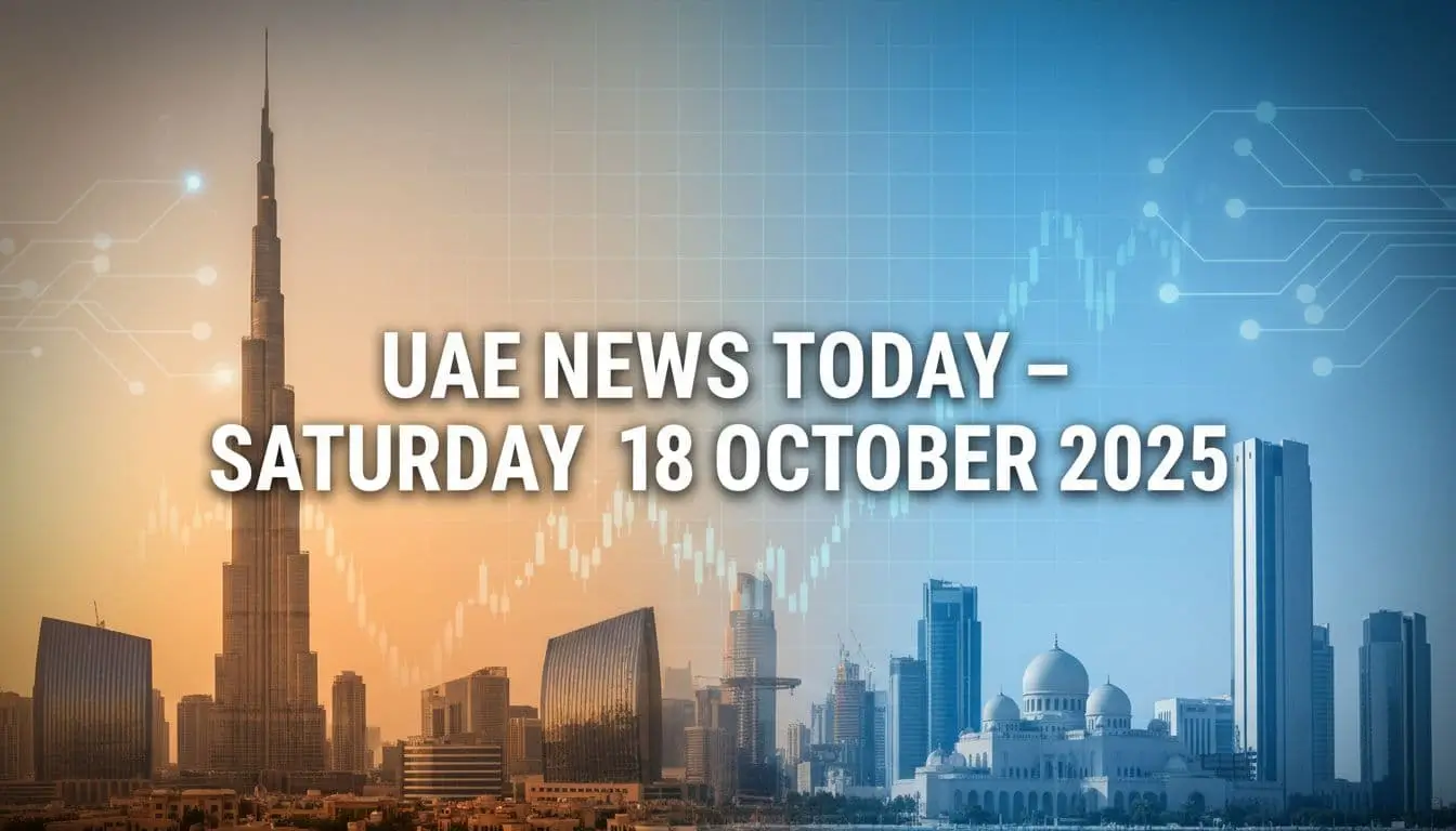 Dubai and Abu Dhabi skylines at golden hour with subtle tech motifs and stock grid, featuring space for the title “UAE News Today – 18 October 2025.