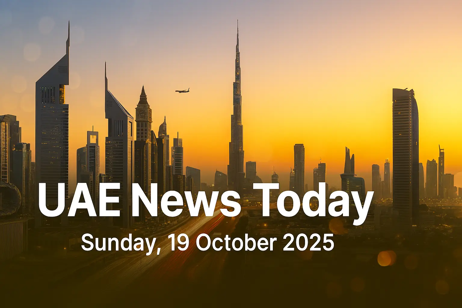 Golden hour skyline of Dubai and Abu Dhabi with traffic trails, DXB plane silhouette, and subtle Diwali lights, headline overlay for UAE news roundup.