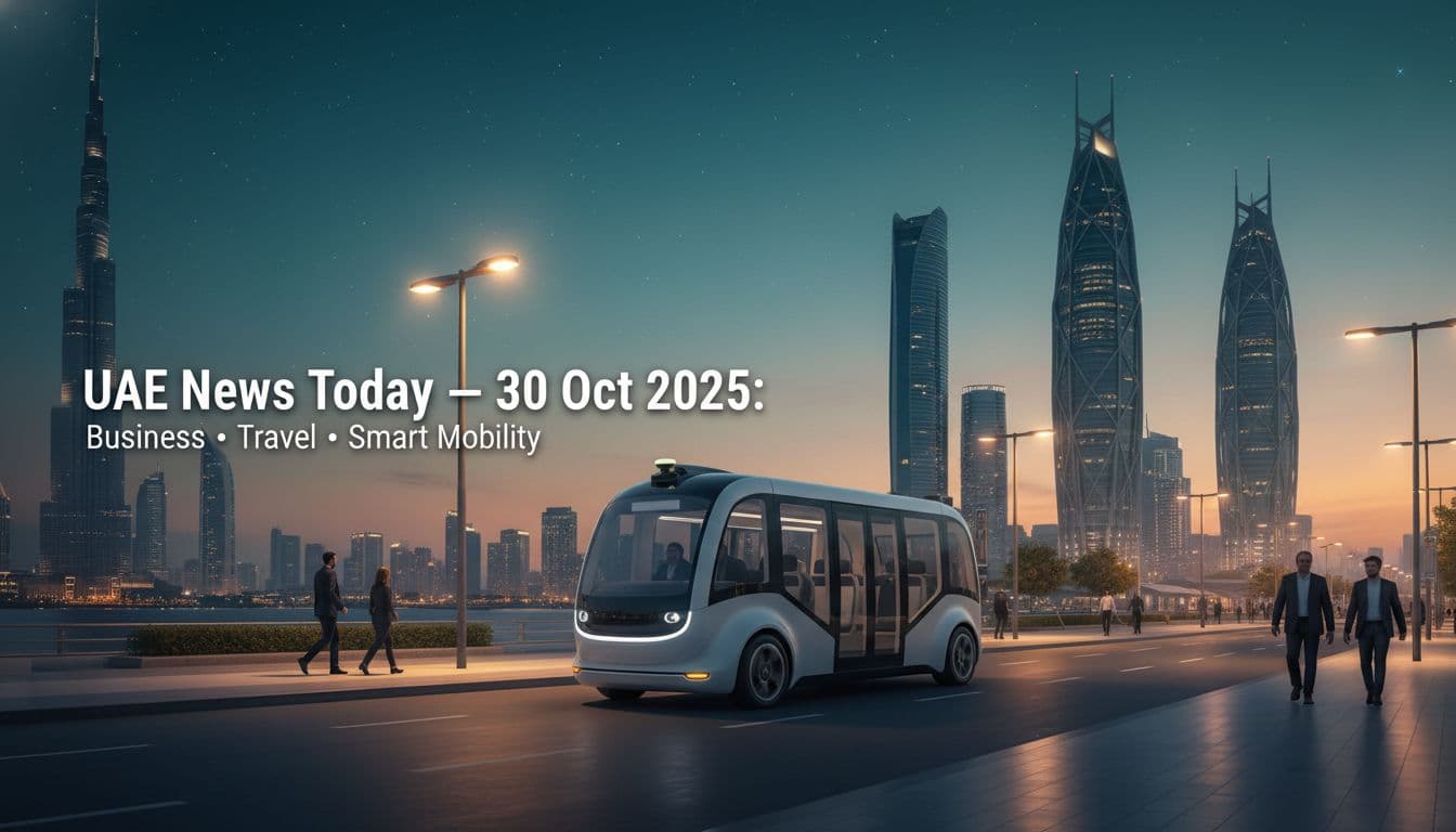 Autonomous shuttle on a Dubai boulevard at dusk with Burj Khalifa and Abu Dhabi towers in the background, styled for a UAE news headline image.