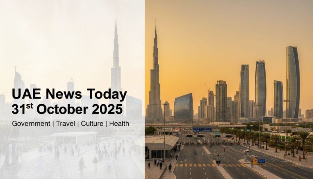 Dubai and Abu Dhabi skylines at golden hour with airport terminal blur and Salik road, news header layout
