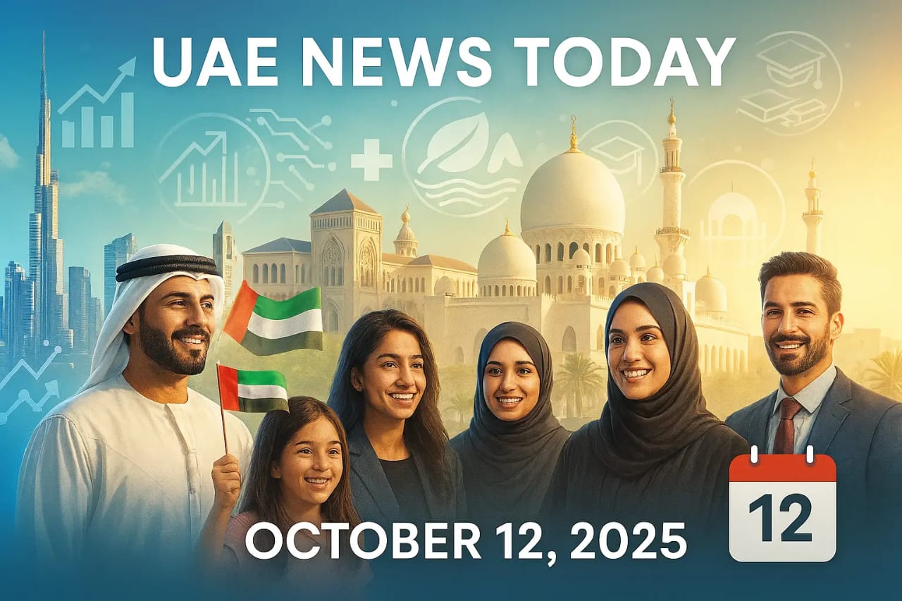 Diverse group with UAE flags in front of Burj Khalifa and Sheikh Zlife Grand Mosque, icons for economy tech healthcare education sustainability, dated October 12 2025
