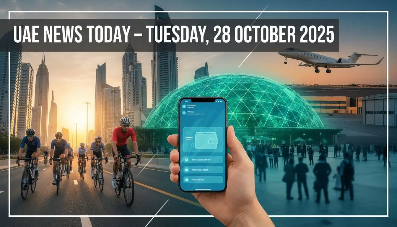 Collage showing Dubai Ride cyclists on Sheikh Zayed Road at sunrise, digital wallet on smartphone, Expo City Al Wasl dome with green accents, and a business jet symbolising aviation growth.