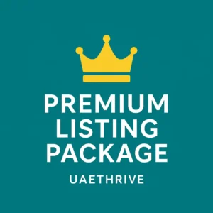 Premium Listing Package graphic with crown icon and UAEThrive branding on teal background