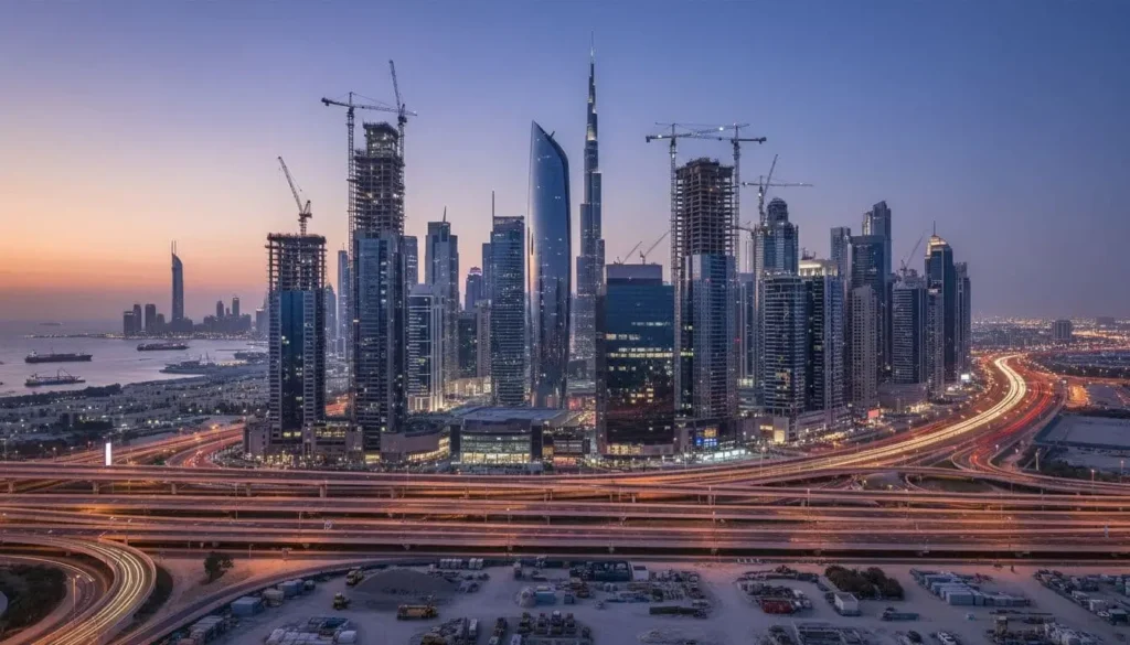 abu dhabi dubai skyline cranes construction evening 625bc3f8