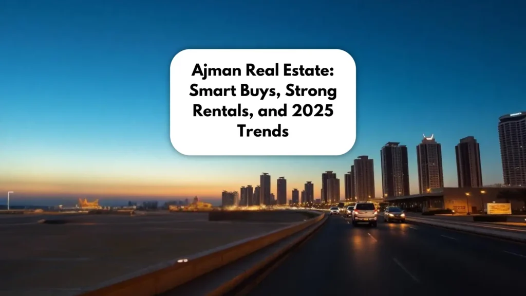 Dusk view of Ajman skyline and corniche with modern towers and road lights, space on left for blog title.