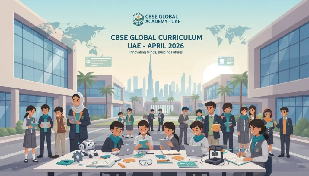 Illustration of diverse students and teachers in a modern Dubai school, with global education symbols, representing the CBSE Global Curriculum rollout in UAE schools from April 2026.