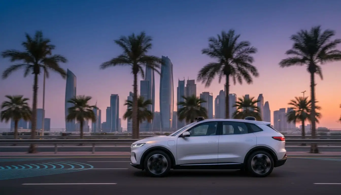 Sleek white autonomous SUV with roof-mounted sensors driving along a palm-lined Abu Dhabi boulevard at dusk.