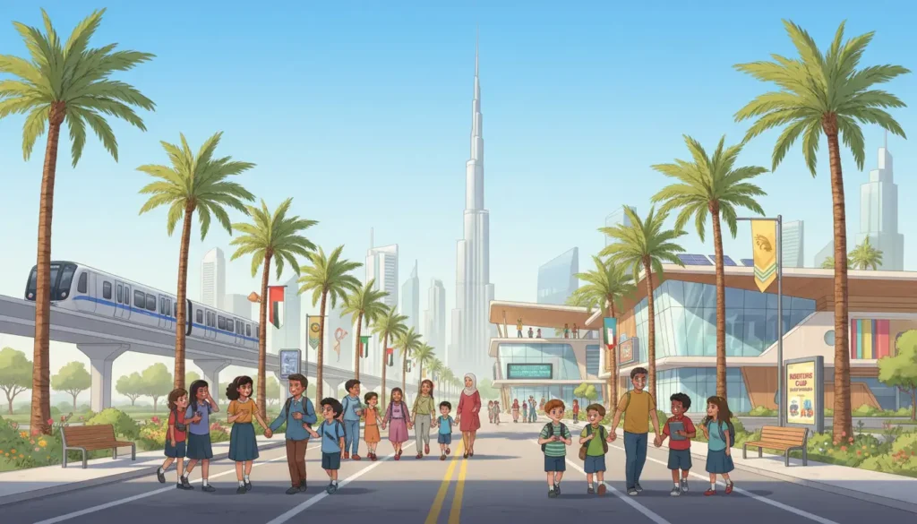 Diverse families walking to a modern Dubai school with Burj Khalifa and metro in the background, symbolizing affordable quality education