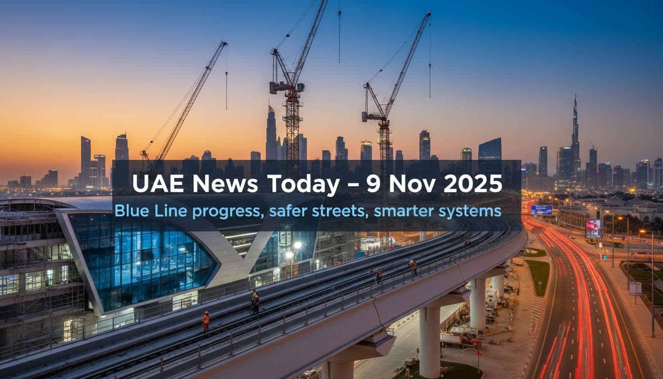 Dubai Metro Blue Line construction at dusk with elevated viaduct, cranes, workers in high‑vis, and Dubai skyline in the background