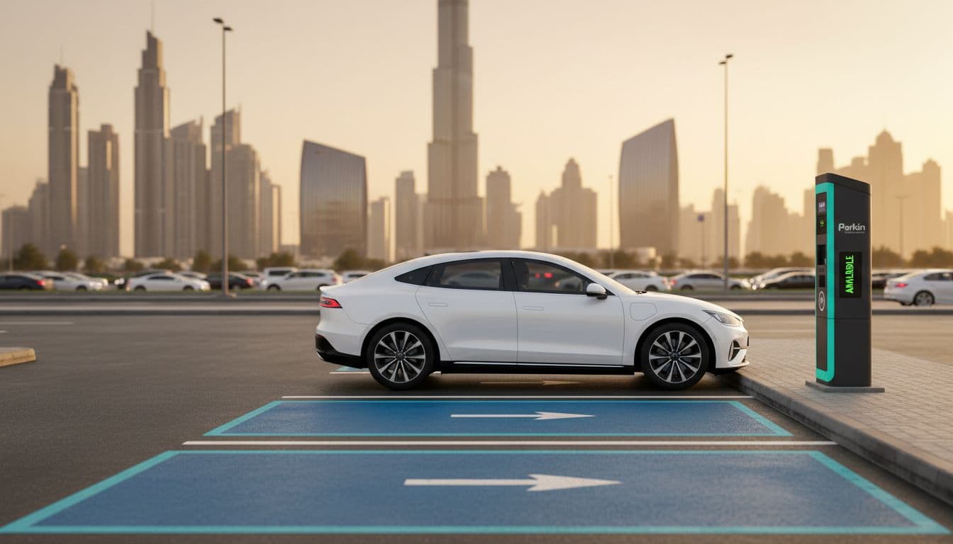 Dubai smart parking 2026 with sedan and Burj Khalifa at golden hour