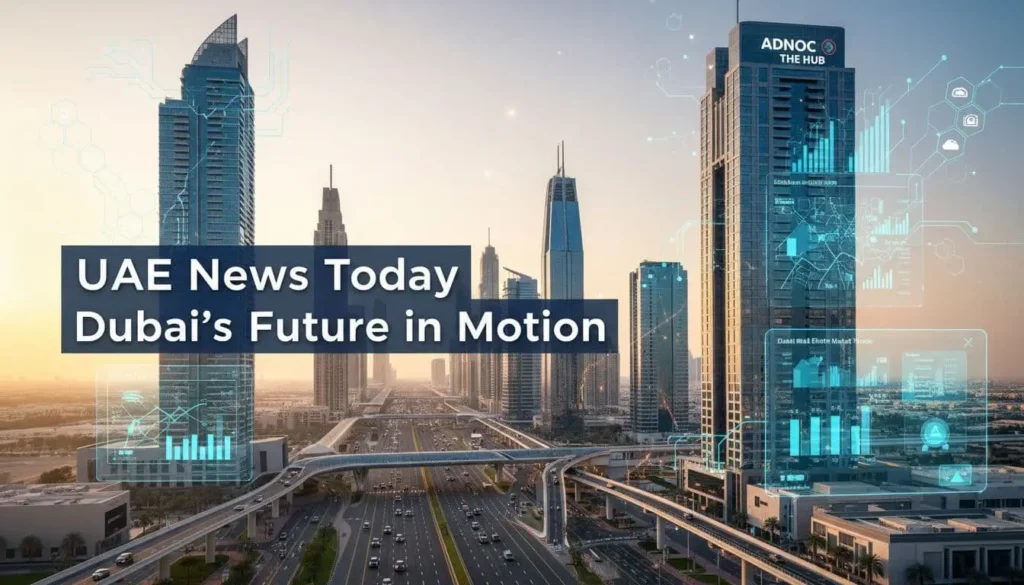 A futuristic sunrise cityscape of Dubai with Sheikh Zayed Road, sleek bridges, and digital data overlays symbolising PropTech, AI, and smart infrastructure.